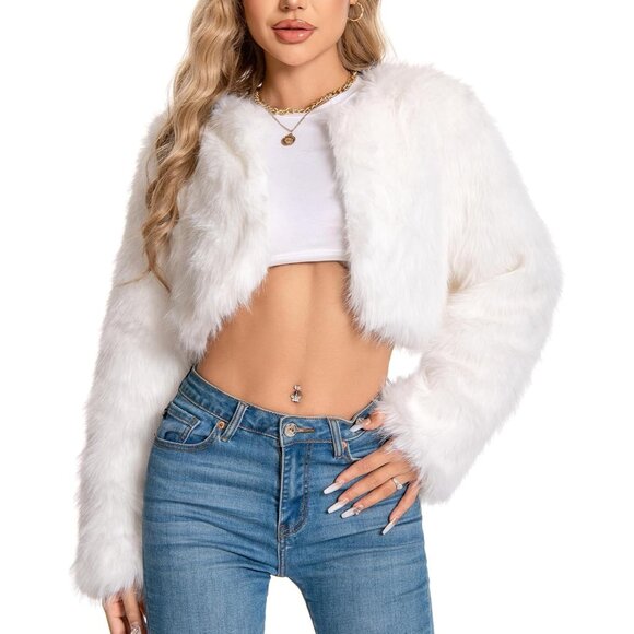 Women White Cropped Fur Coat for Faux Furry Long Sleeve Cropped Fluffy Jacket - Picture 1 of 6
